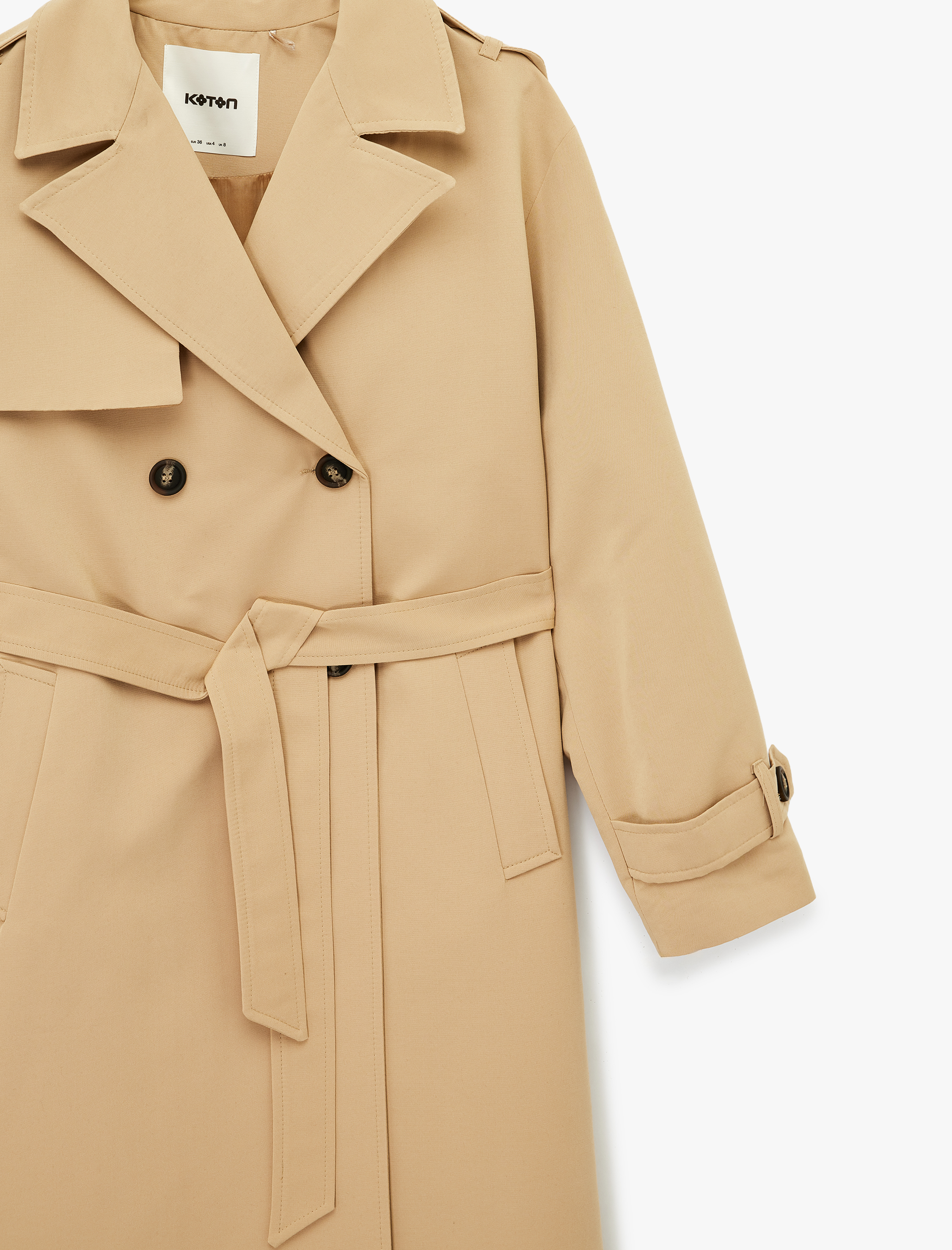   Uzun Kollu Düğmeli Cepli Kemerli Kruvaze Gabardin Trençkot