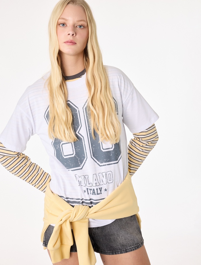  Kısa Kollu Bisiklet Yaka Baskılı Oversize Tişört