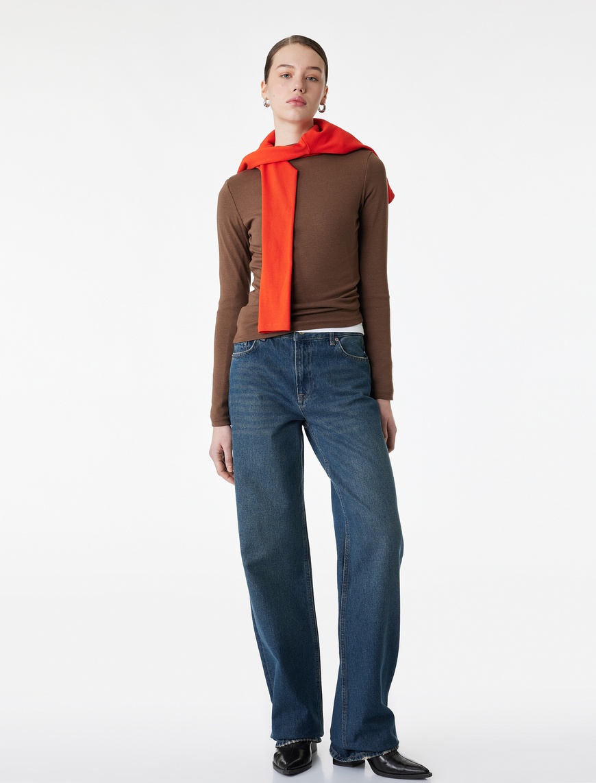 Koton Kadın Normal Bel Straight Fit Pamuklu Duble Paça Denim Pantolon - Straight Fit Jean