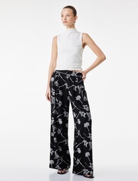 Keten Karışımlı Pile Detaylı Yüksek Bel Geniş Paça Çiçekli Pantolon