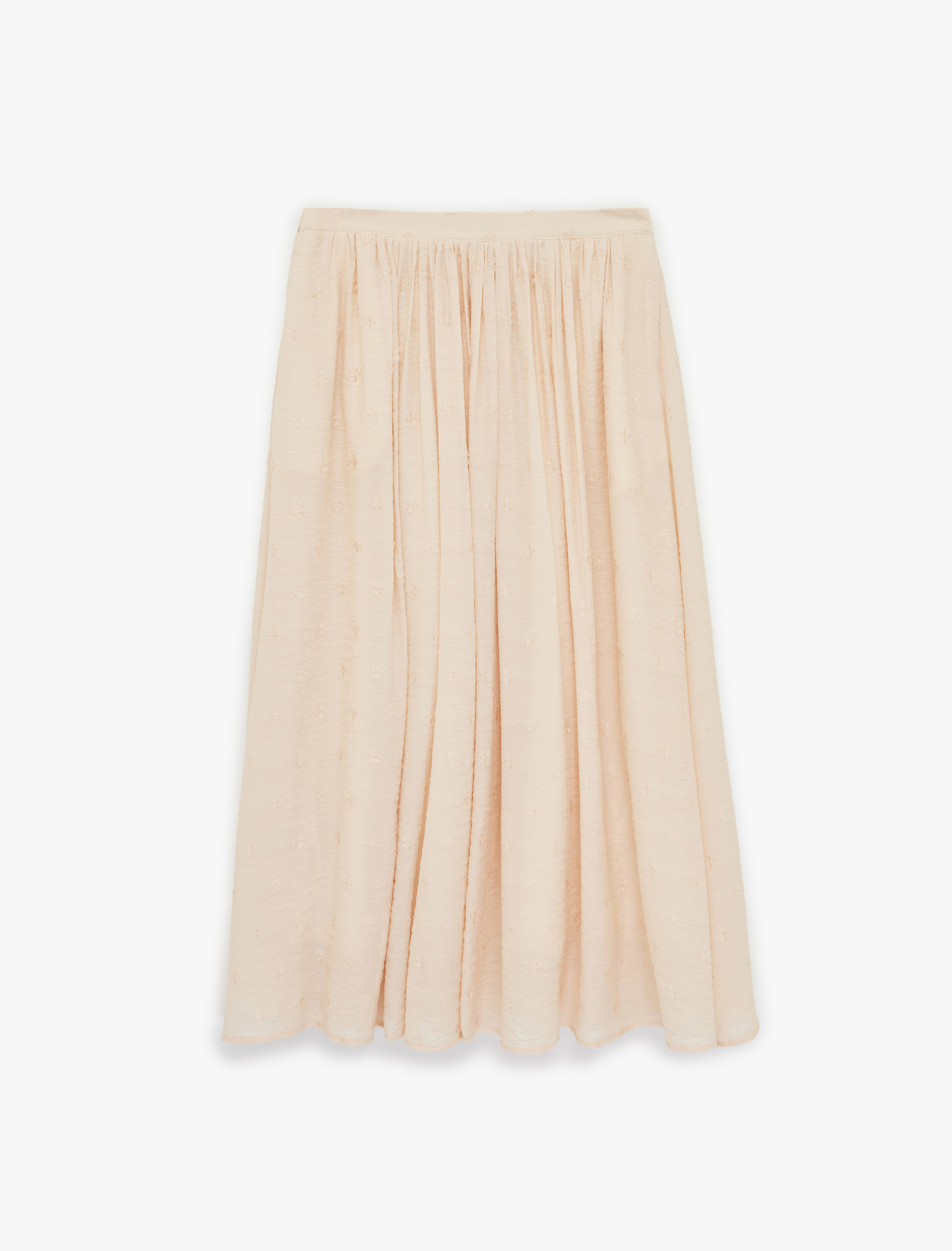   Viskon Kumaş Çiçek İşleme Detaylı Kloş Midi Etek