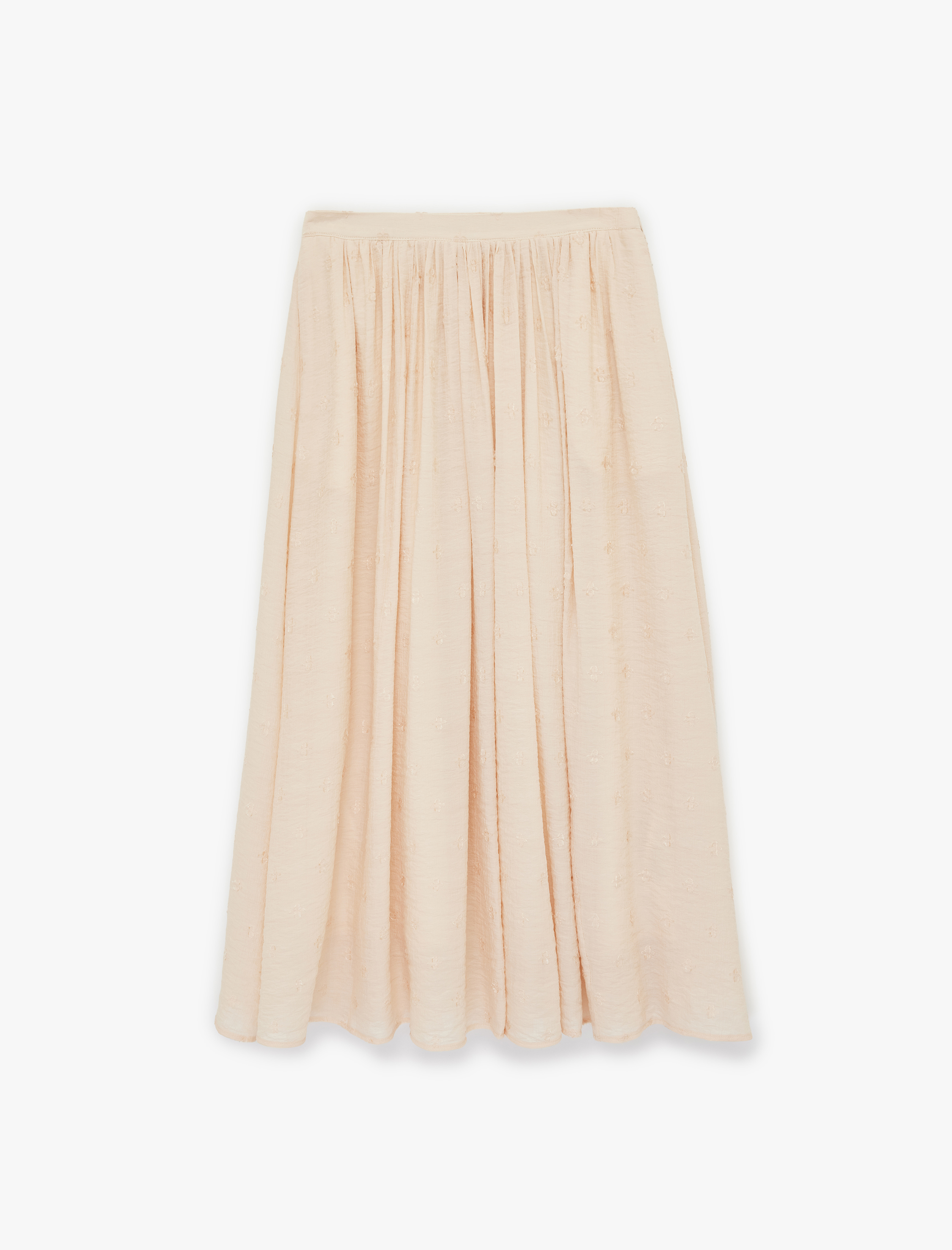   Viskon Kumaş Çiçek İşleme Detaylı Kloş Midi Etek