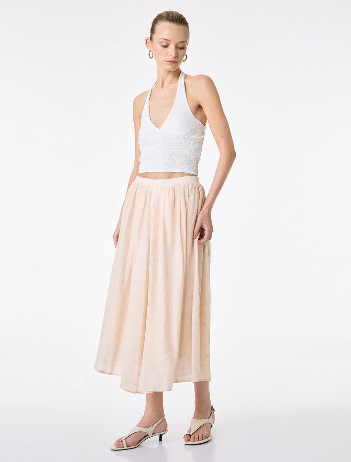  Viskon Kumaş Çiçek İşleme Detaylı Kloş Midi Etek