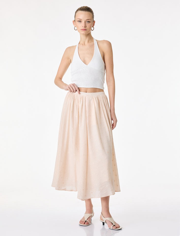  Viskon Kumaş Çiçek İşleme Detaylı Kloş Midi Etek