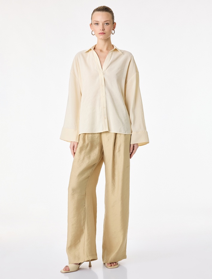  Viskon Karışımlı Klasik Yaka Uzun Geniş Kollu Oversize Gömlek