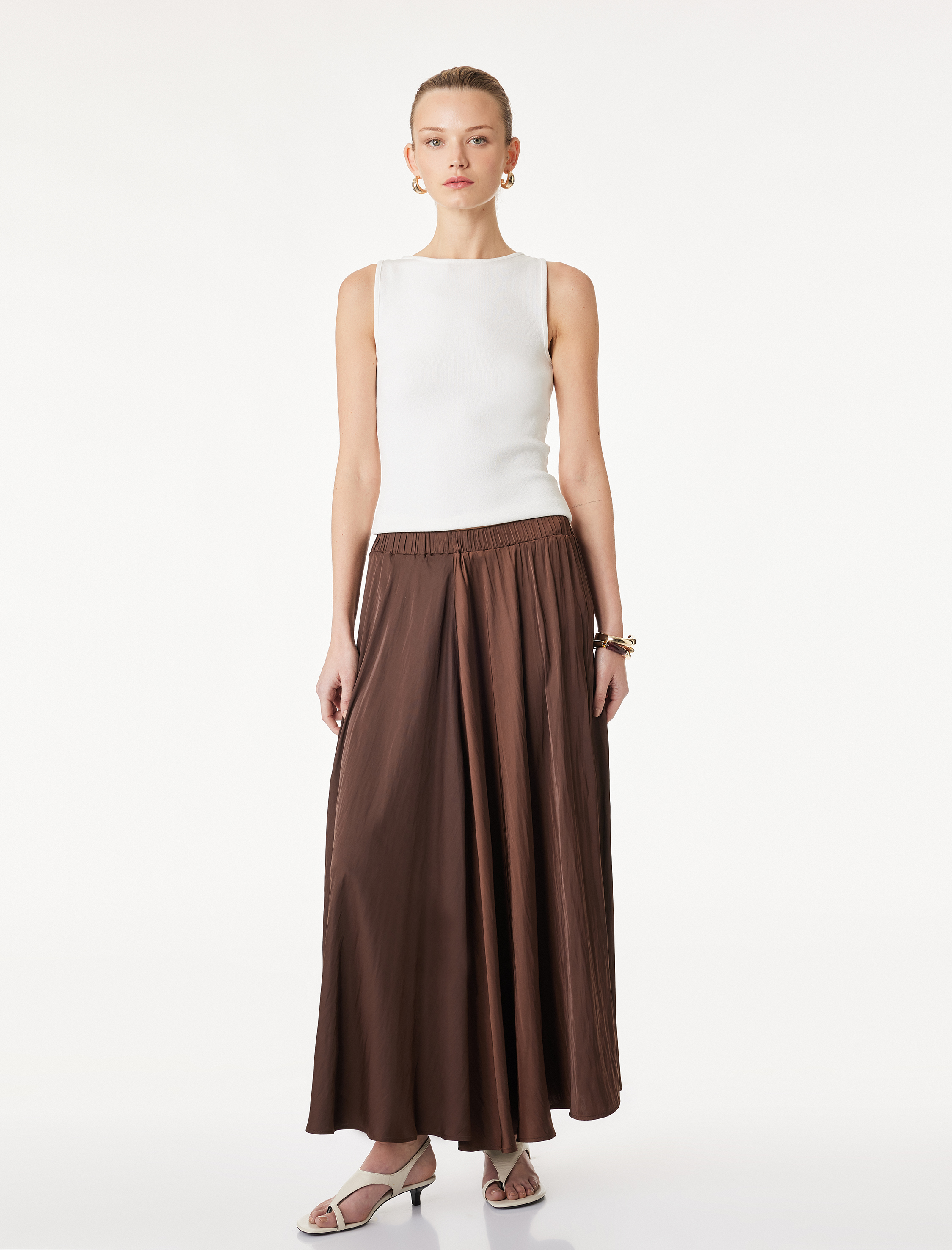   Pileli Saten Kloş Uzun Etek