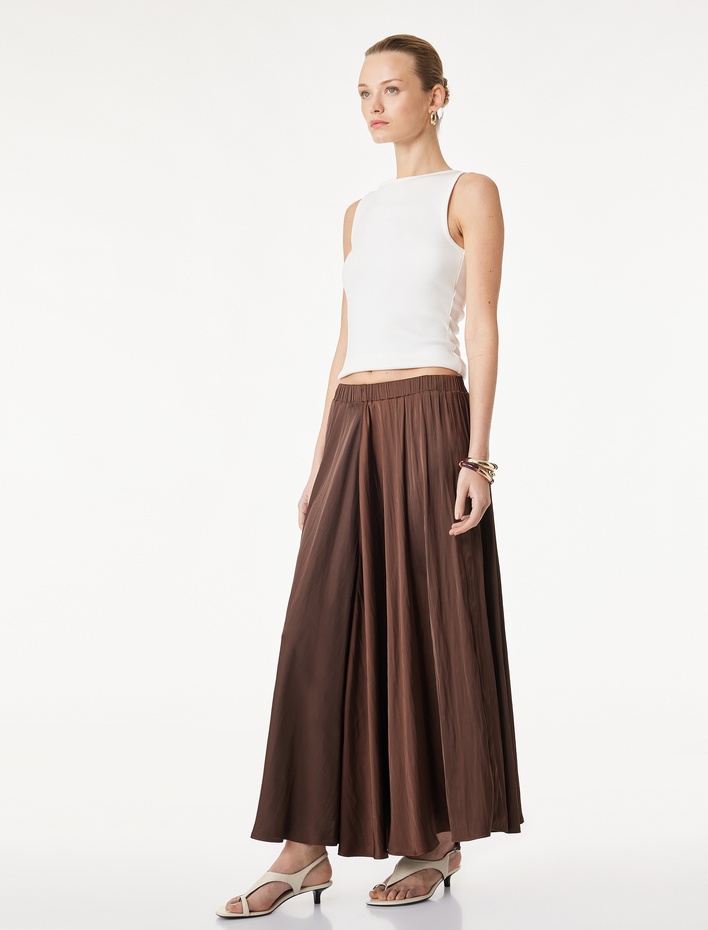  Pileli Saten Kloş Uzun Etek