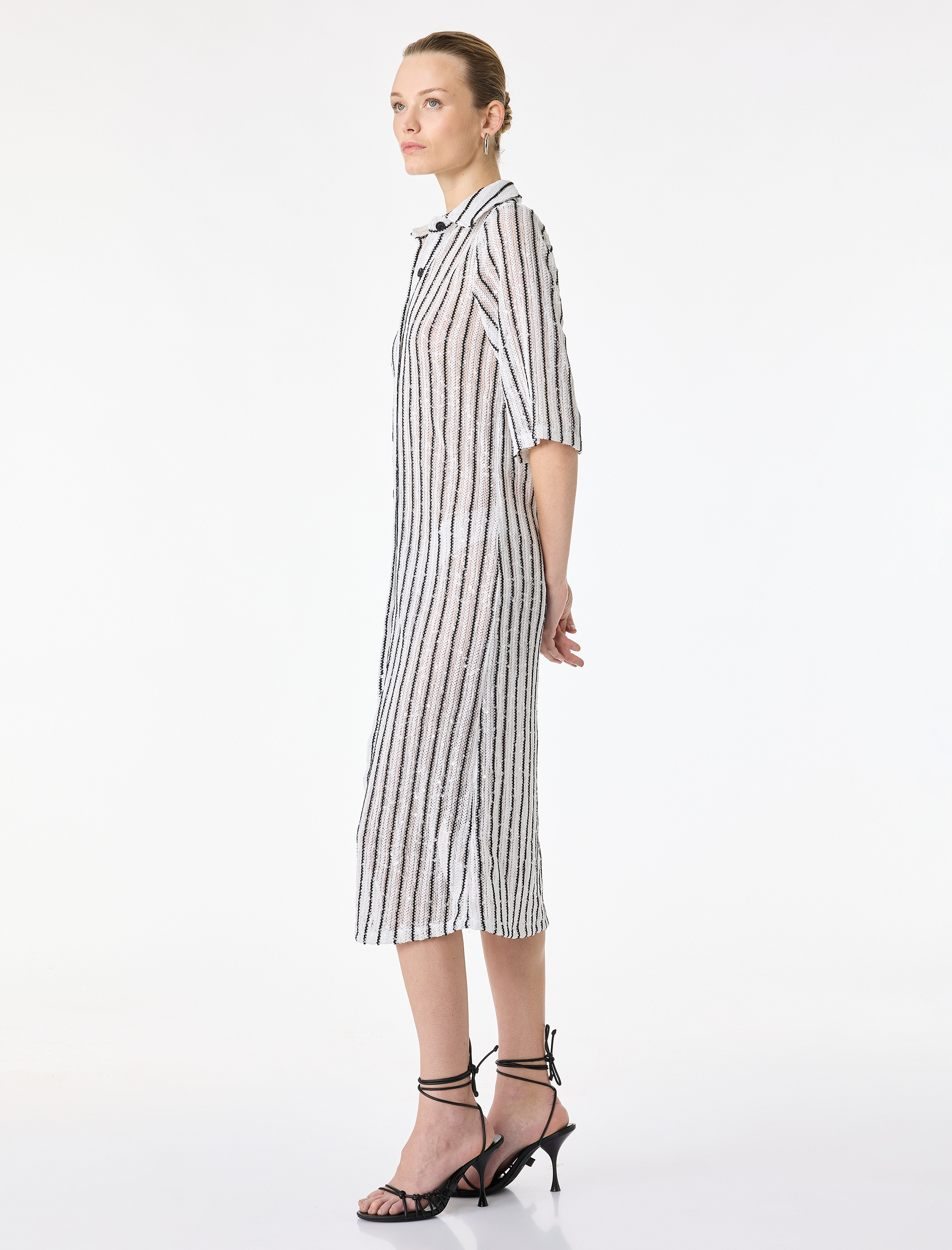   Kısa Kollu Gömlek Yaka Düğmeli Çizgili Pul Payet İşlemeli Uzun Kroşe Hırka