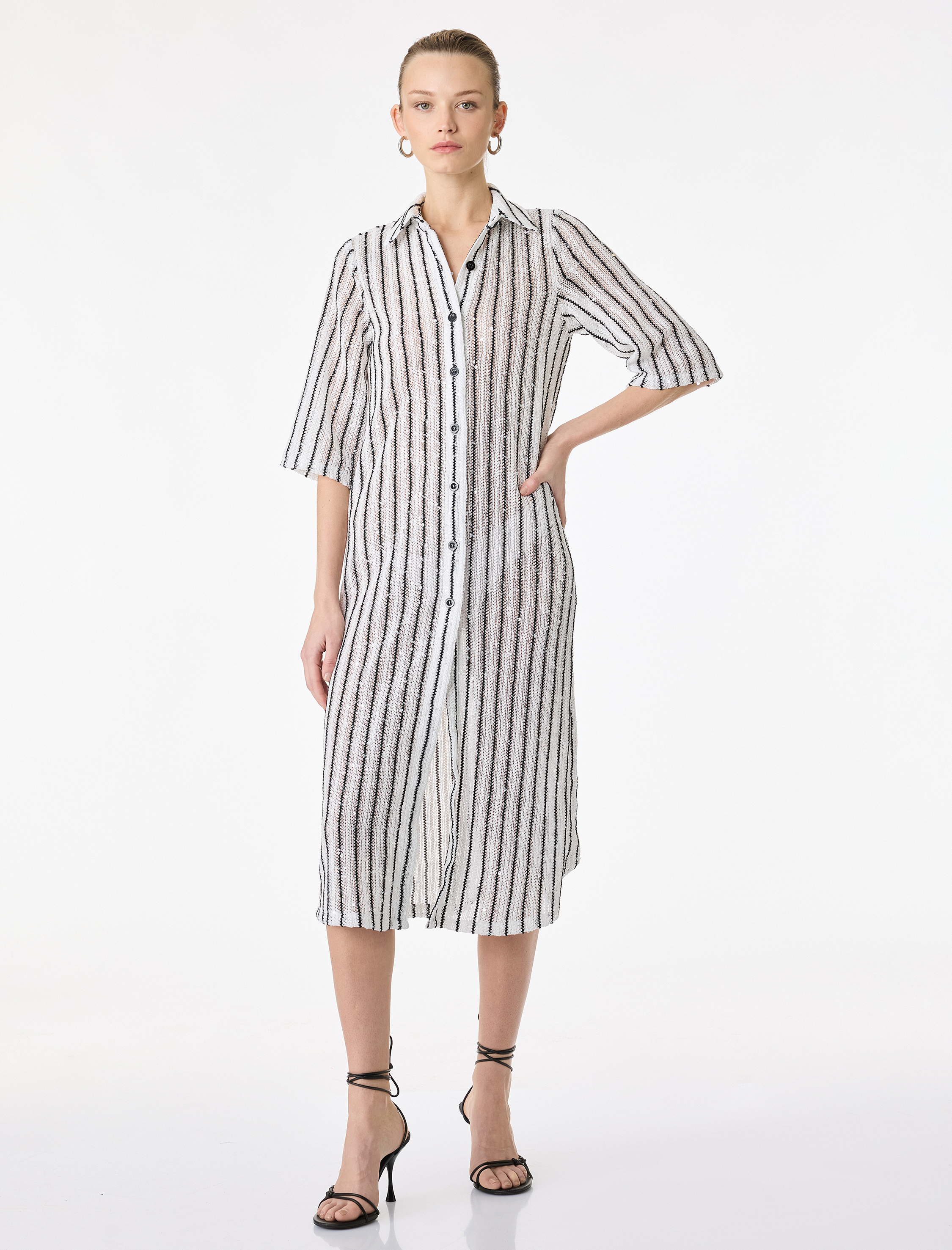   Kısa Kollu Gömlek Yaka Düğmeli Çizgili Pul Payet İşlemeli Uzun Kroşe Hırka