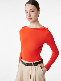 Slim Fit Pamuklu Uzun Kollu Kayık Yaka Tişört