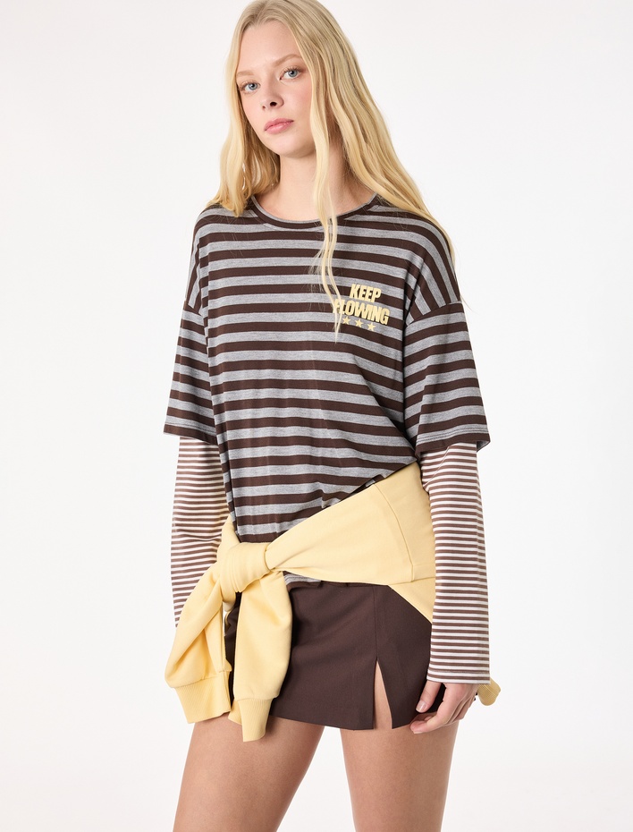  Viskon Karışımlı Nakış Detaylı Uzun Kollu Bisiklet Yaka Tişört