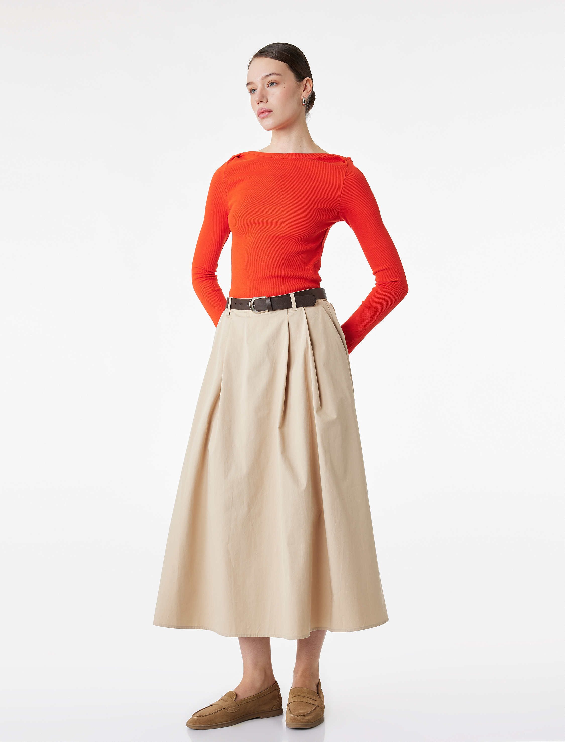   A Kesim Cepli Pileli Kemerli Midi Kloş Etek