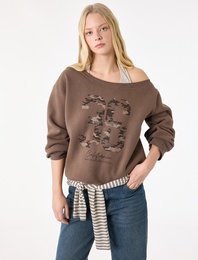 Üç İplik Şardonlu Uzun Kollu Baskılı Halter Yaka Sweatshirt