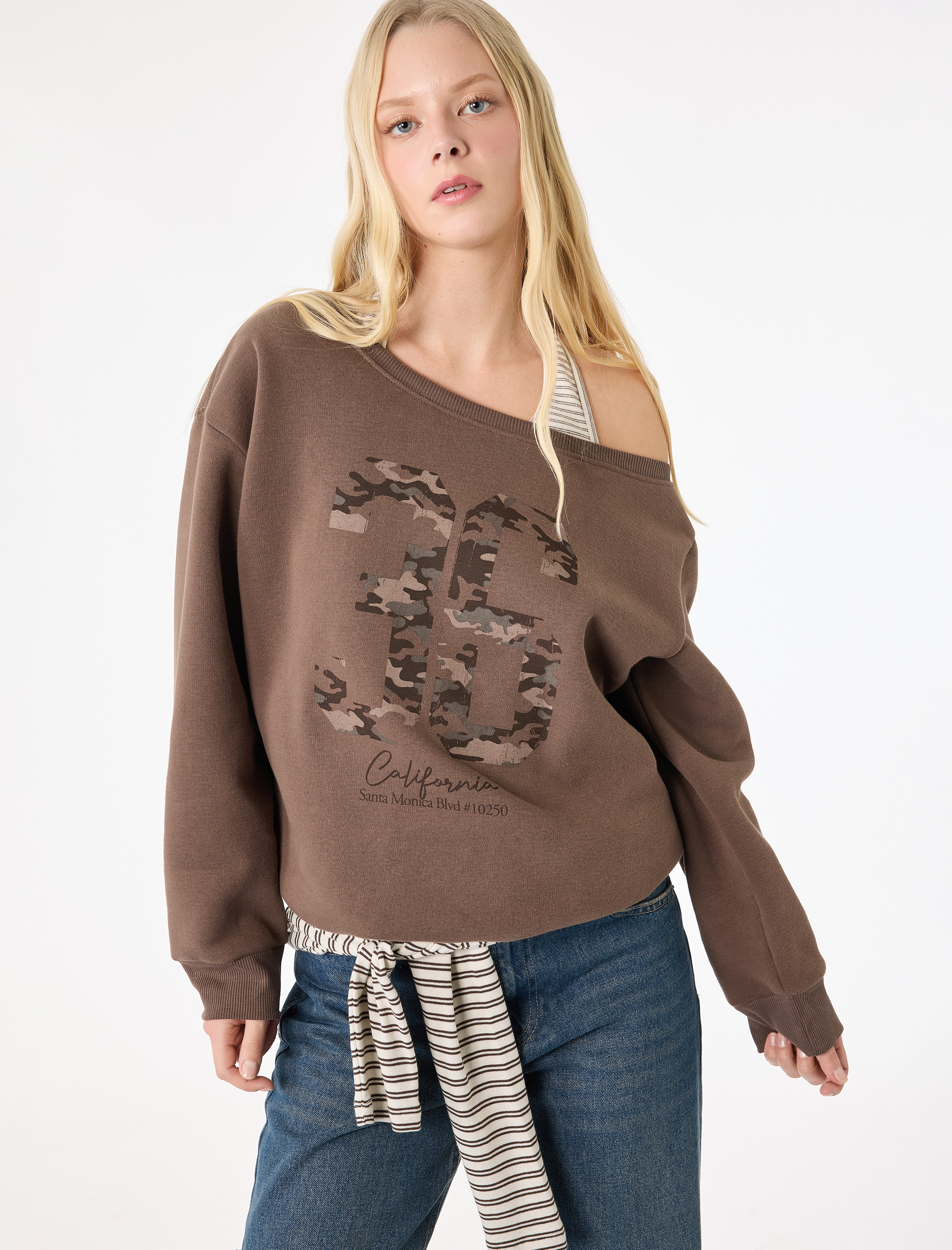   Üç İplik Şardonlu Uzun Kollu Baskılı Halter Yaka Sweatshirt