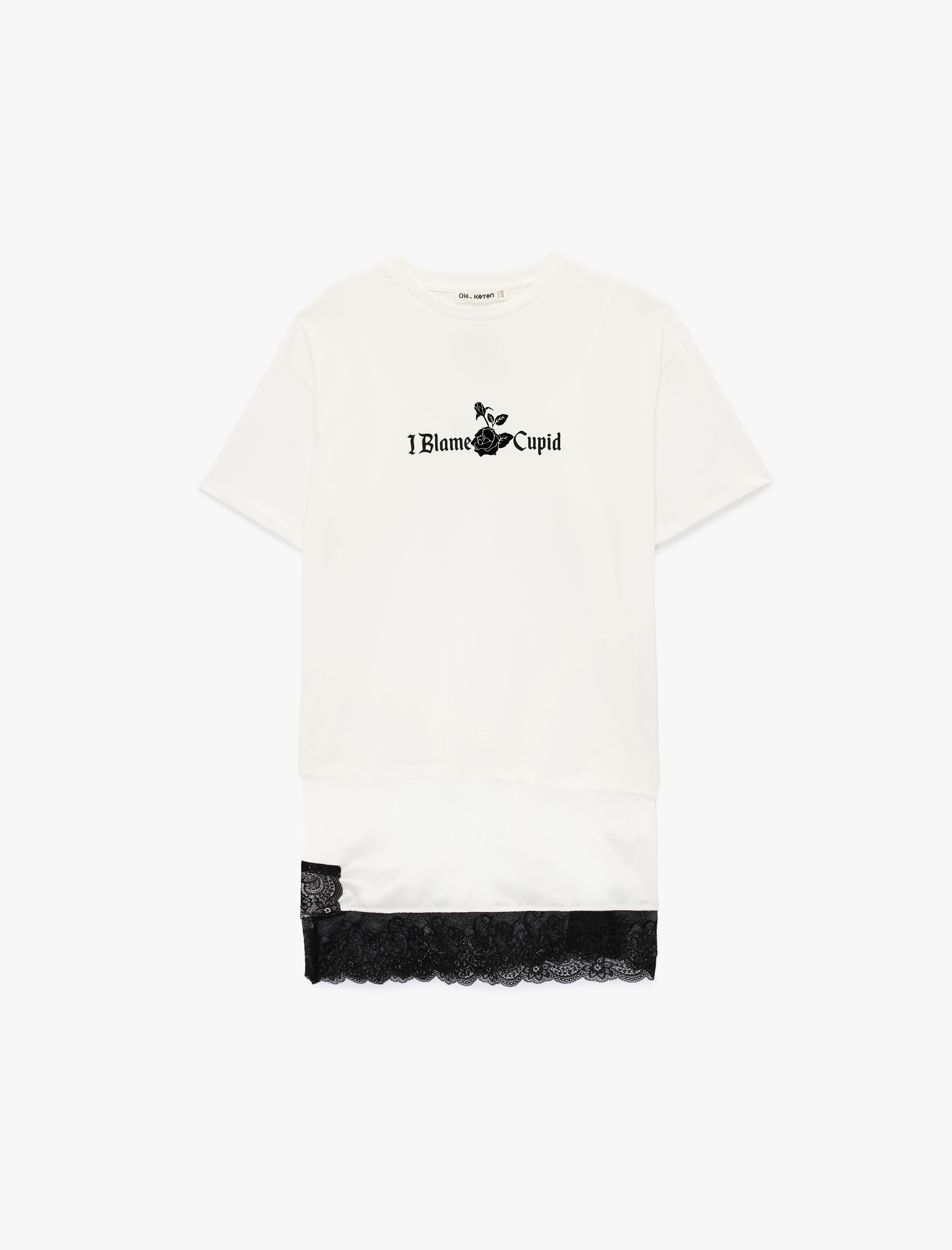   Kısa Kollu Bisiklet Yaka Dantel Detaylı Baskılı Oversize Tişört