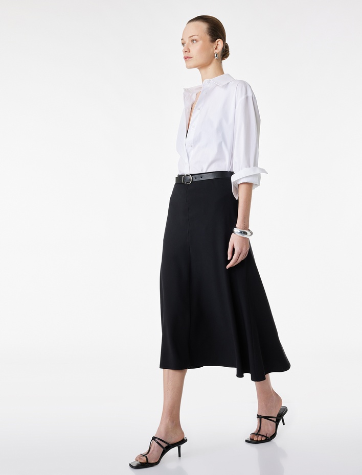  Viskon Kumaş Kemerli Midi Kloş Etek