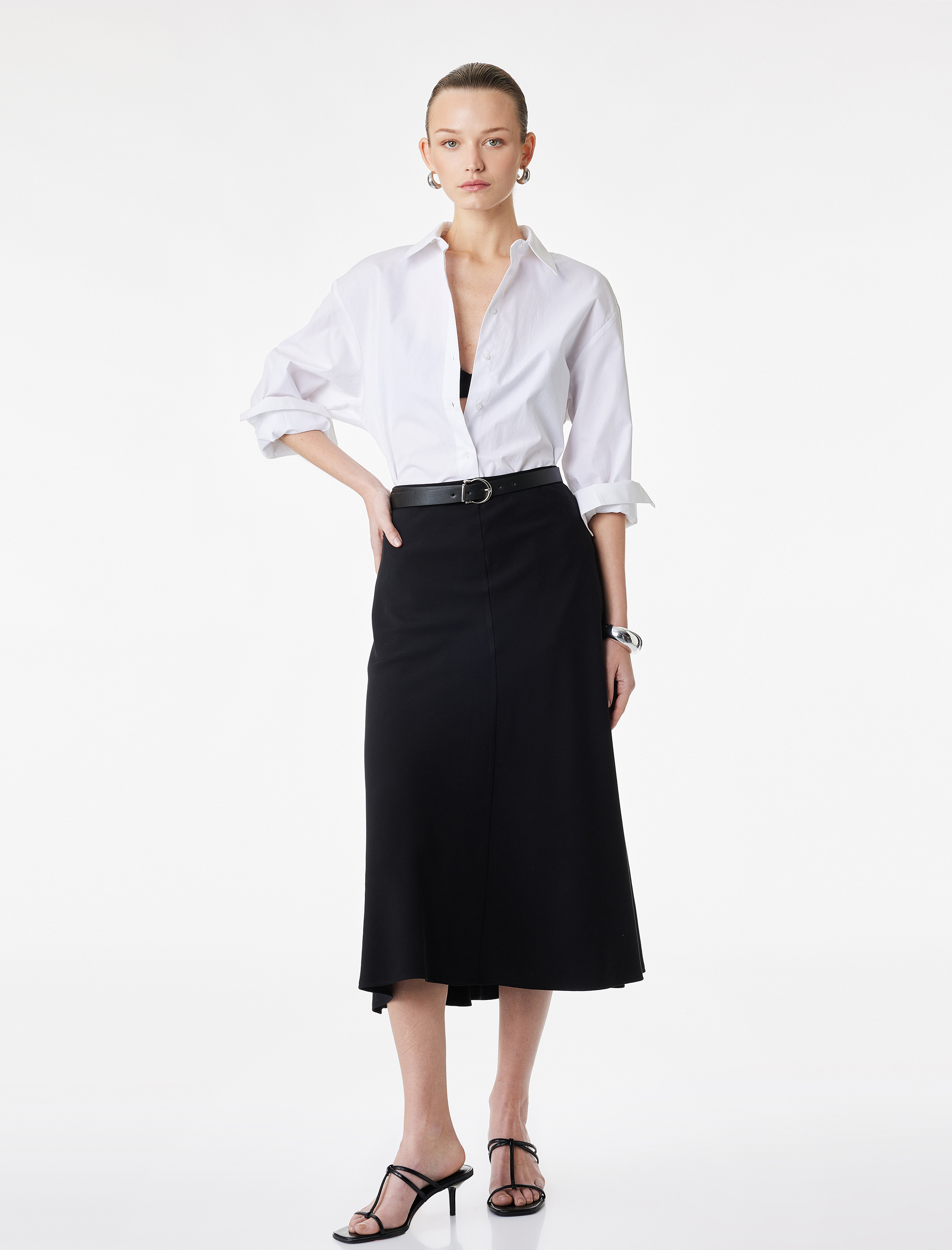   Viskon Kumaş Kemerli Midi Kloş Etek