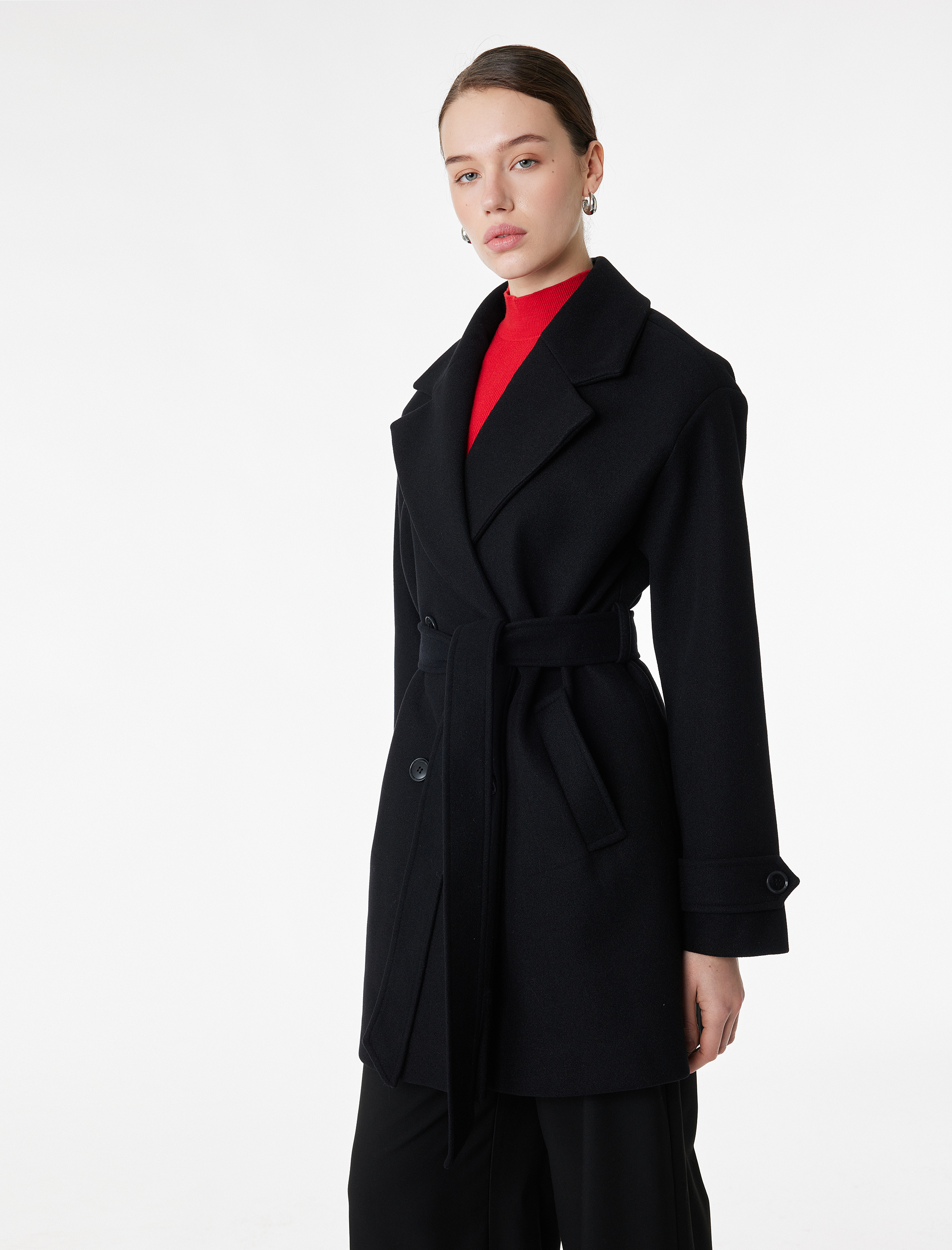   Kemerli Kaşe Kaban Kruvaze Düğmeli Cepli Uzun Kollu