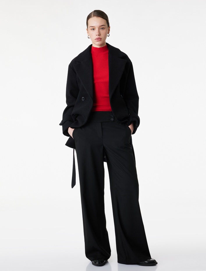  Kemerli Kaşe Kaban Kruvaze Düğmeli Cepli Uzun Kollu