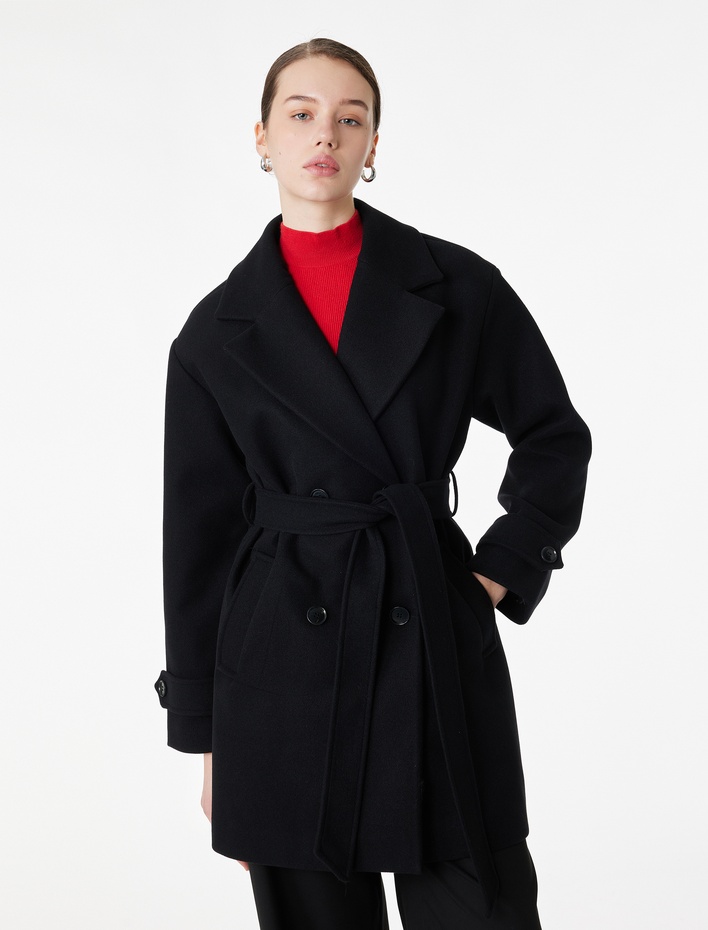  Kemerli Kaşe Kaban Kruvaze Düğmeli Cepli Uzun Kollu