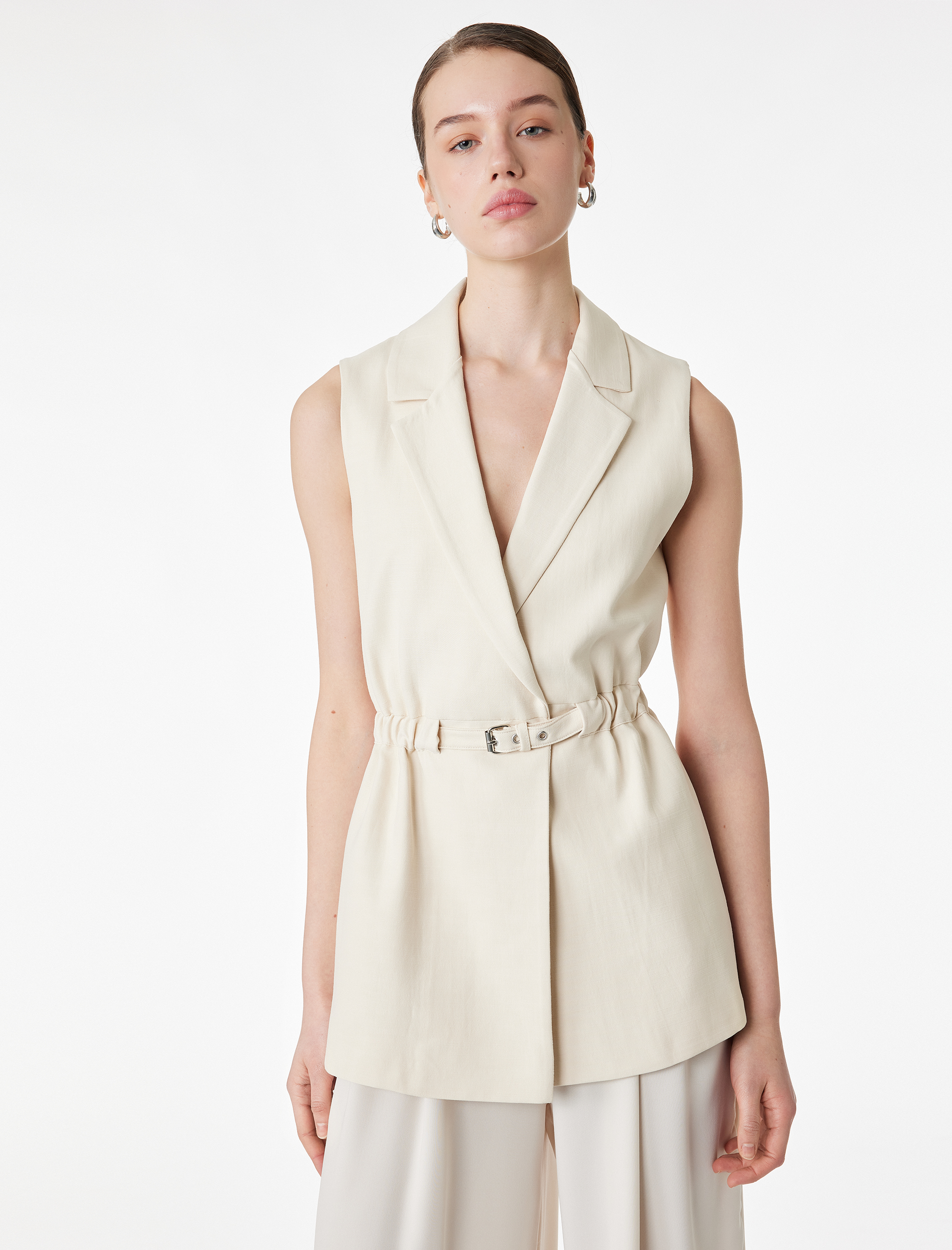   Kemerli Kolsuz Viskon Karışımlı Kruvaze Yaka Yelek