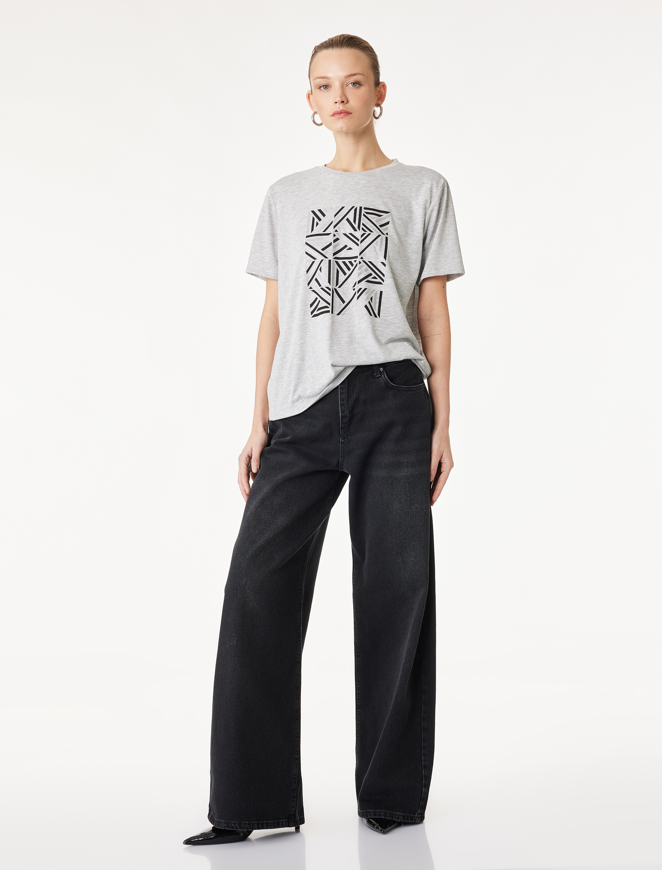   Kısa Kollu Bisiklet Yaka Baskılı Tişört