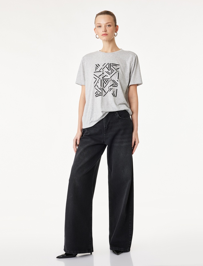  Kısa Kollu Bisiklet Yaka Baskılı Tişört