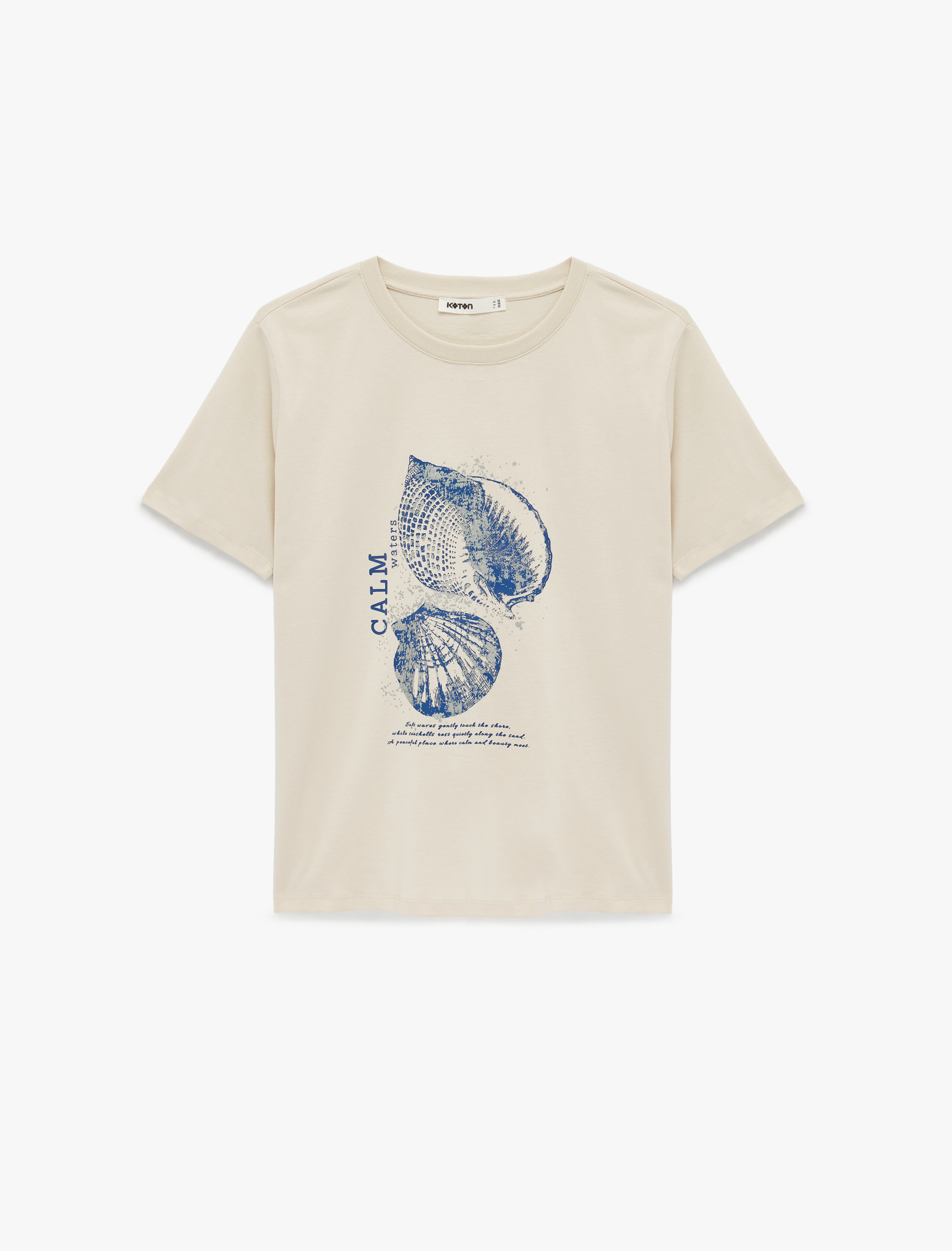   Pamuklu Kısa Kollu Bisiklet Yaka Deniz Kabuğu Baskılı Tişört