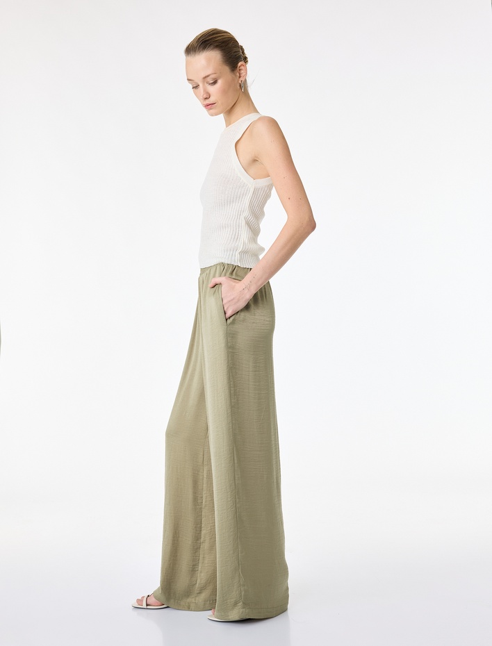  Aerobin Kumaş Beli Lastikli Geniş Paça Saten Pantolon