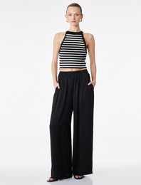 Aerobin Kumaş Beli Lastikli Geniş Paça Saten Pantolon