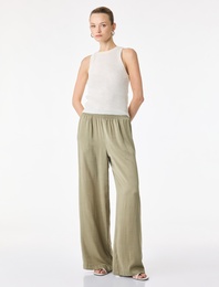 Aerobin Kumaş Beli Lastikli Geniş Paça Saten Pantolon