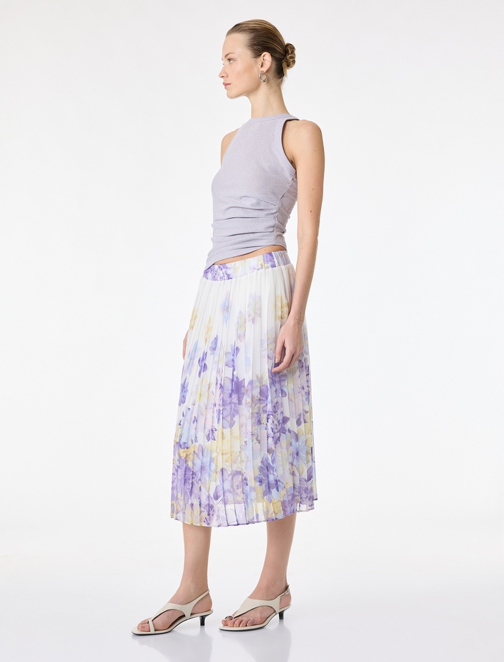  İnce Piliseli Çiçekli Şifon Etek