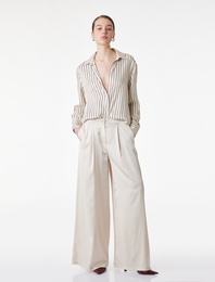 Cepli Pile Detaylı Yüksek Bel Düz Geniş Paça Saten Pantolon