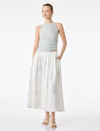 Pamuklu Parıltılı Çiçek Desenli Pileli Uzun Kloş Etek