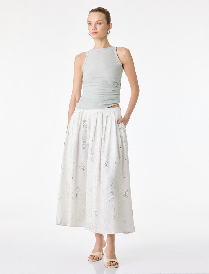  Pamuklu Parıltılı Çiçek Desenli Pileli Uzun Kloş Etek