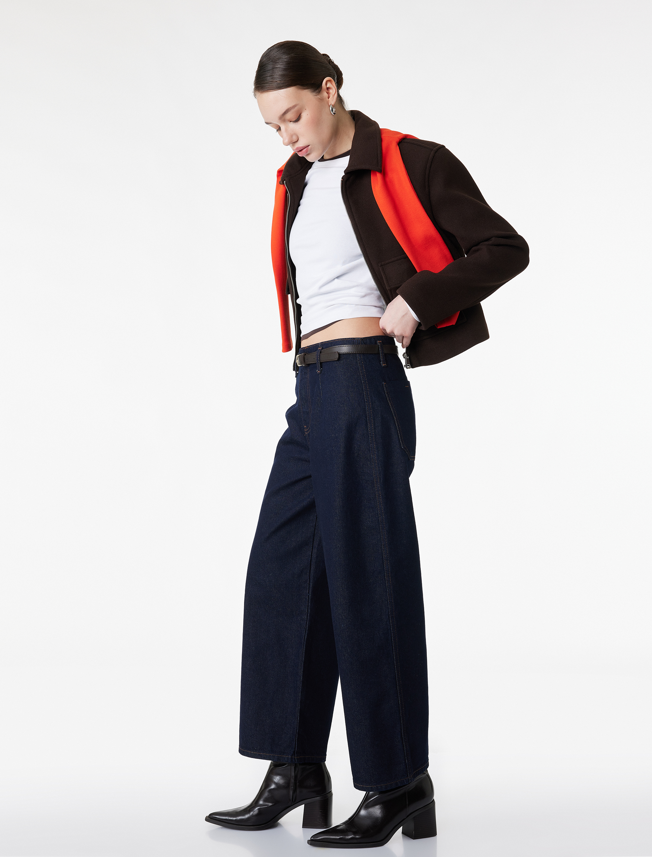   Pamuklu Yüksek Bel Kemerli Geniş Paça Denim Pantolon - Wide Leg Jean