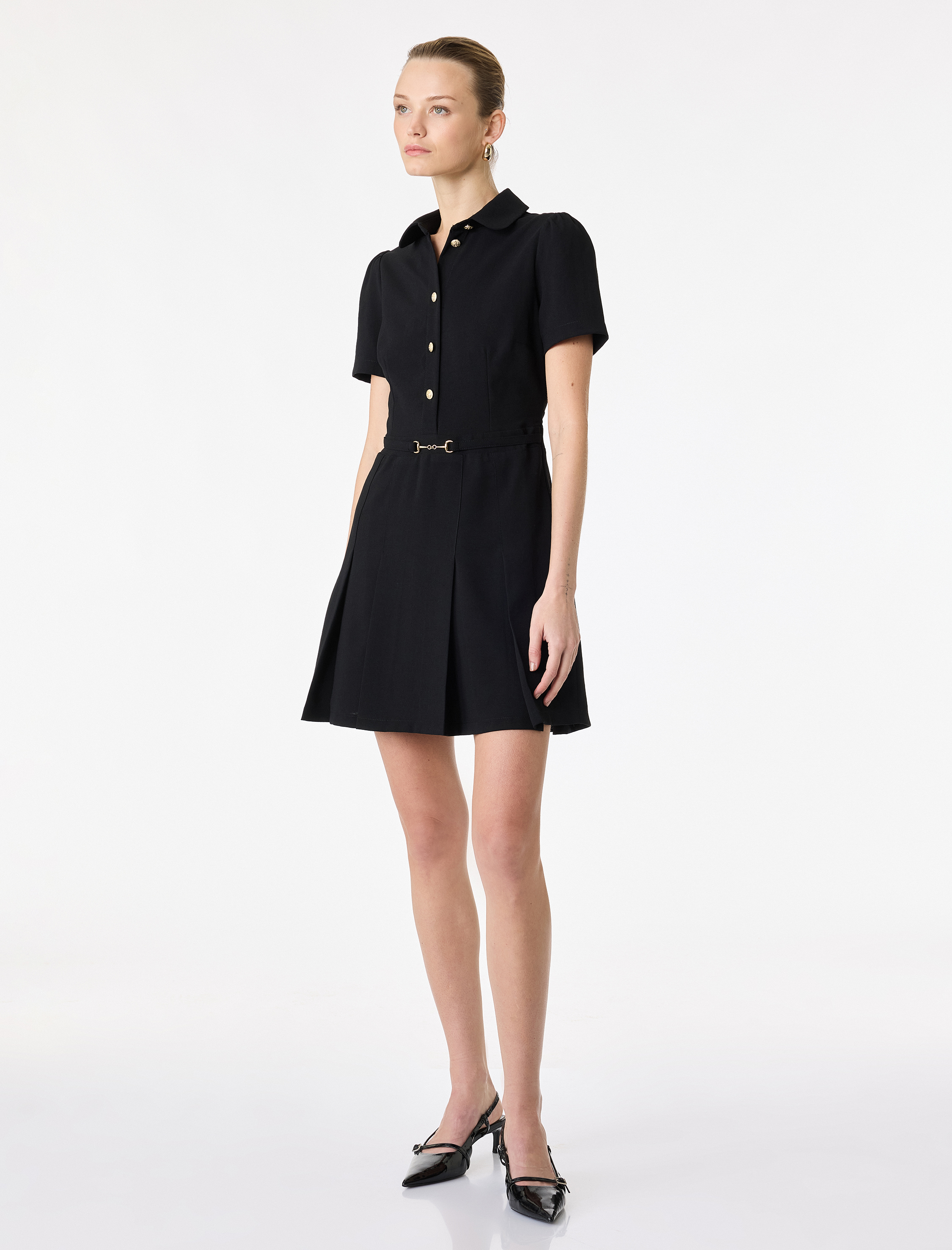   Slim Fit Kısa Kollu Gömlek Yaka Düğmeli Metal Aksesuarlı Mini Elbise