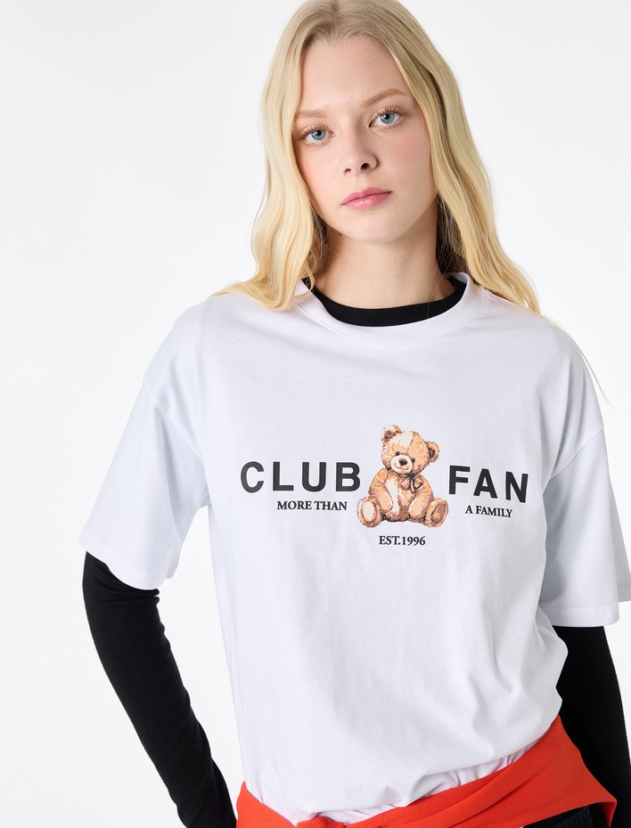  Kısa Kollu Bisiklet Yaka Pamuklu Ayıcık Baskılı Oversize Tişört