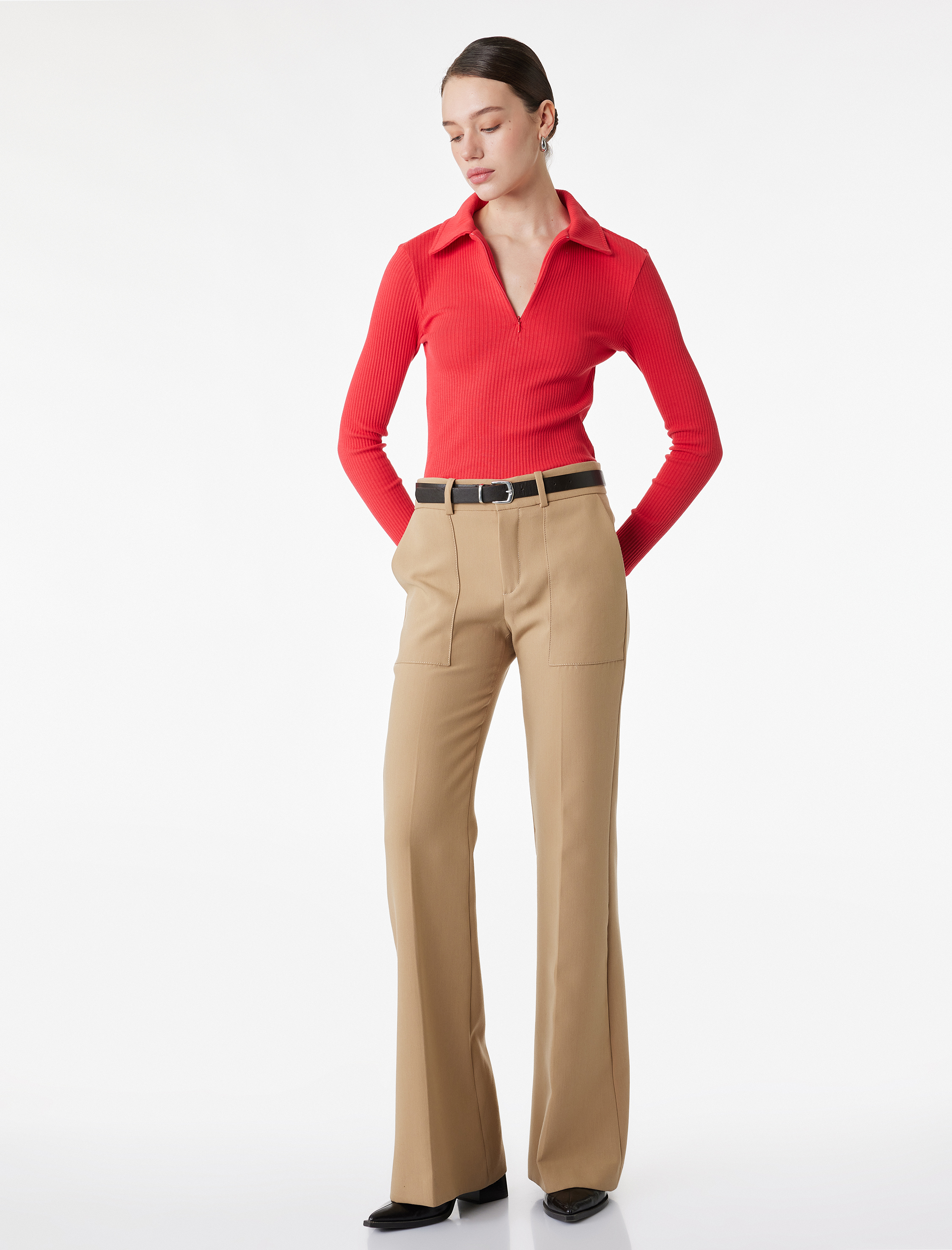   Slim Fit Uzun Kollu Yarım Fermuarlı Gömlek Yaka Tişört