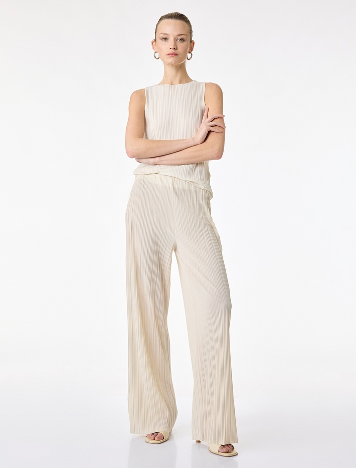  Beli Lastikli Düz Geniş Paça Piliseli Pantolon