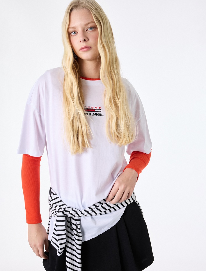  Kısa Kollu Bisiklet Yaka Pamuklu Baskılı Tişört