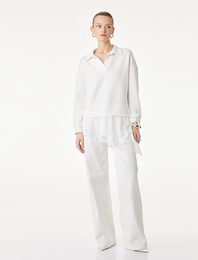 Uzun Kollu Polo V Yaka Dantelli Etek Ucu Detaylı Sweatshirt