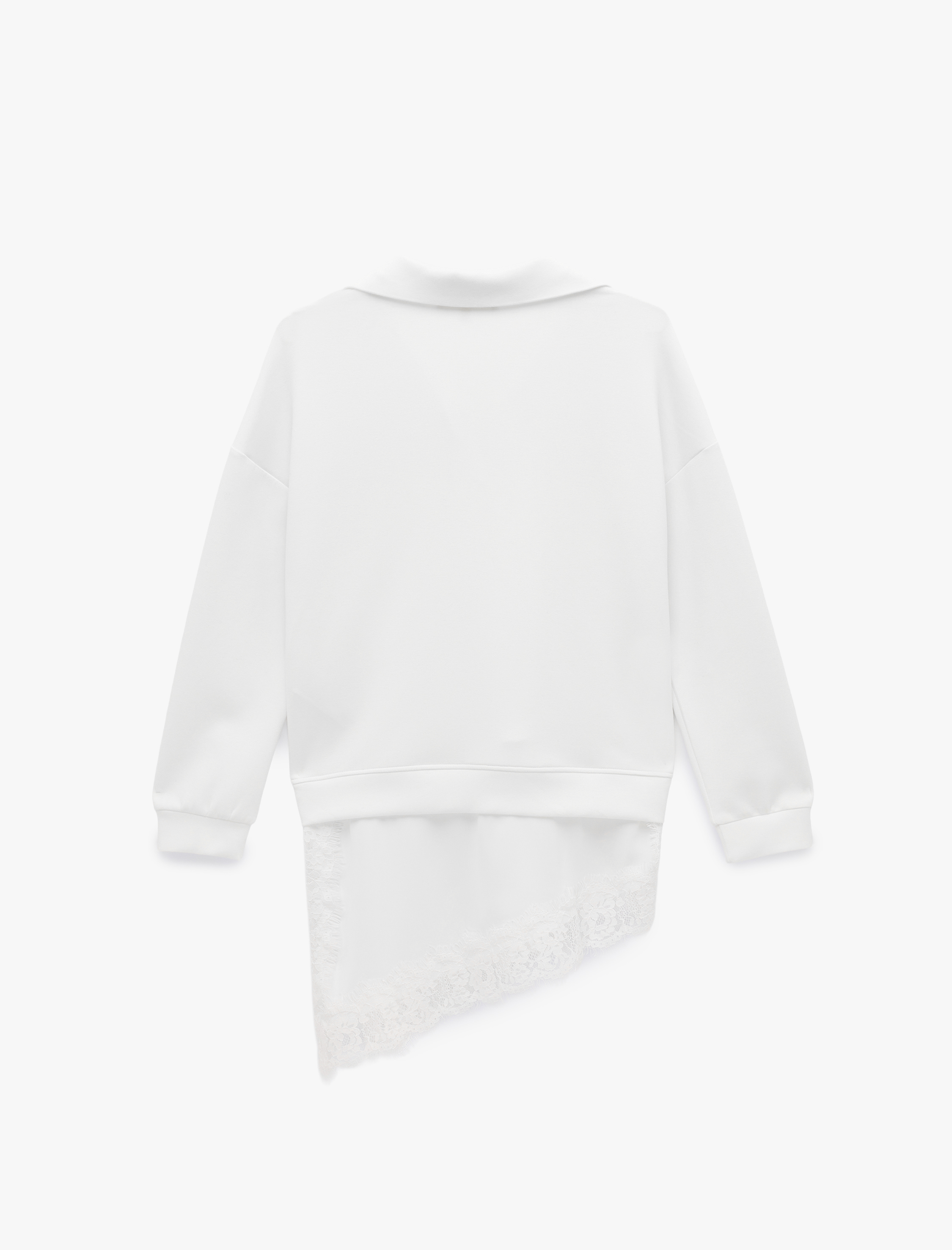   Uzun Kollu Polo V Yaka Dantelli Etek Ucu Detaylı Sweatshirt