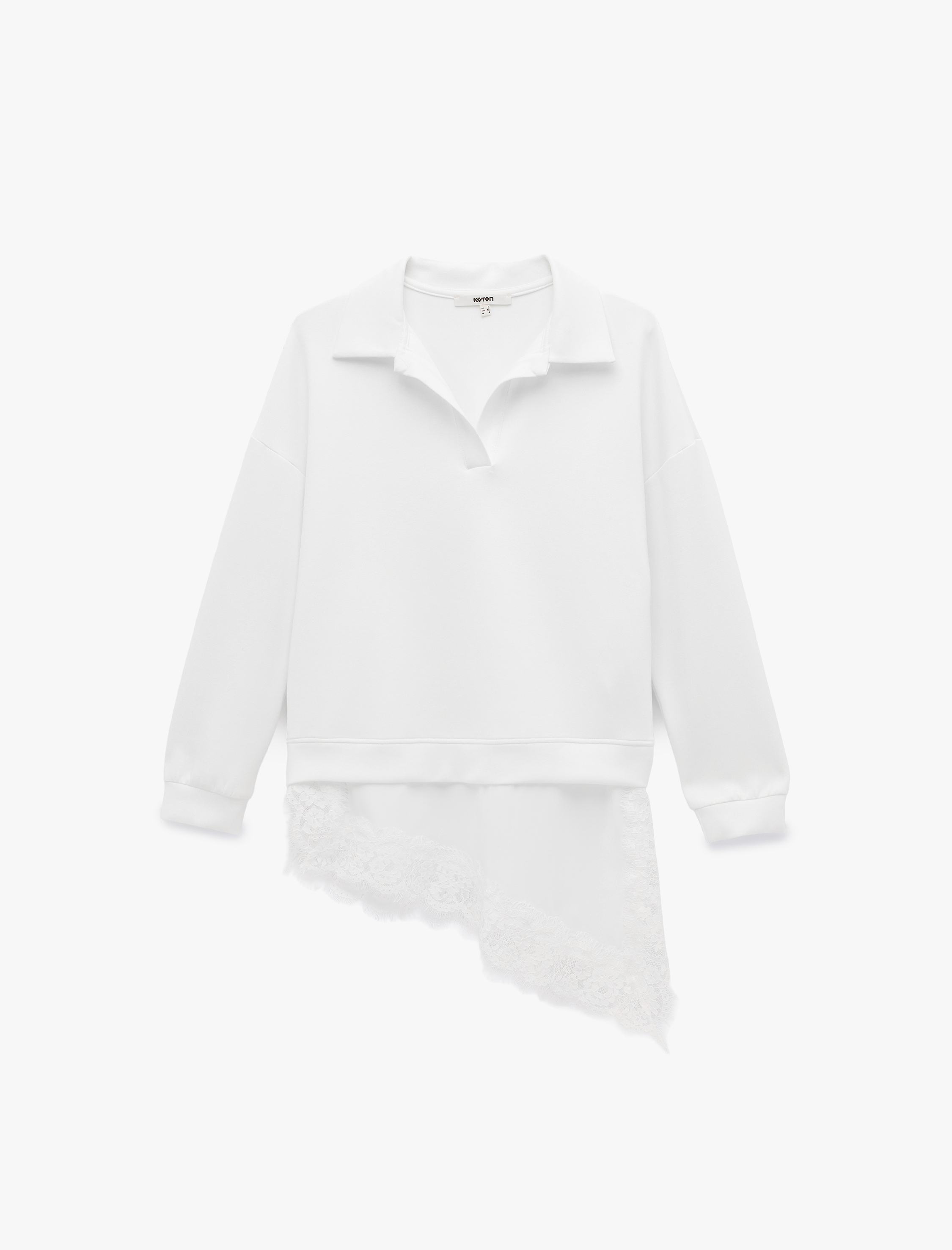   Uzun Kollu Polo V Yaka Dantelli Etek Ucu Detaylı Sweatshirt