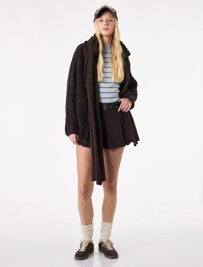  Uzun Kollu Dik Yaka Cep Detaylı Fermuarlı Oversize Peluş Ceket