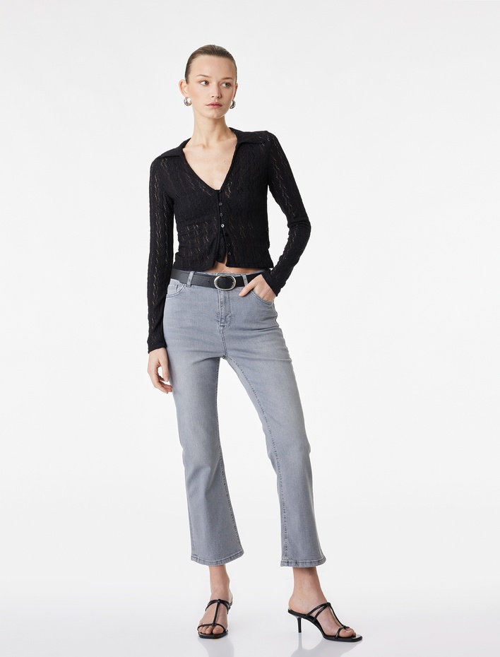  Dar Kesim Normal Bel Cepli İspanyol Paça Jean Pantolon - Flare Jeans