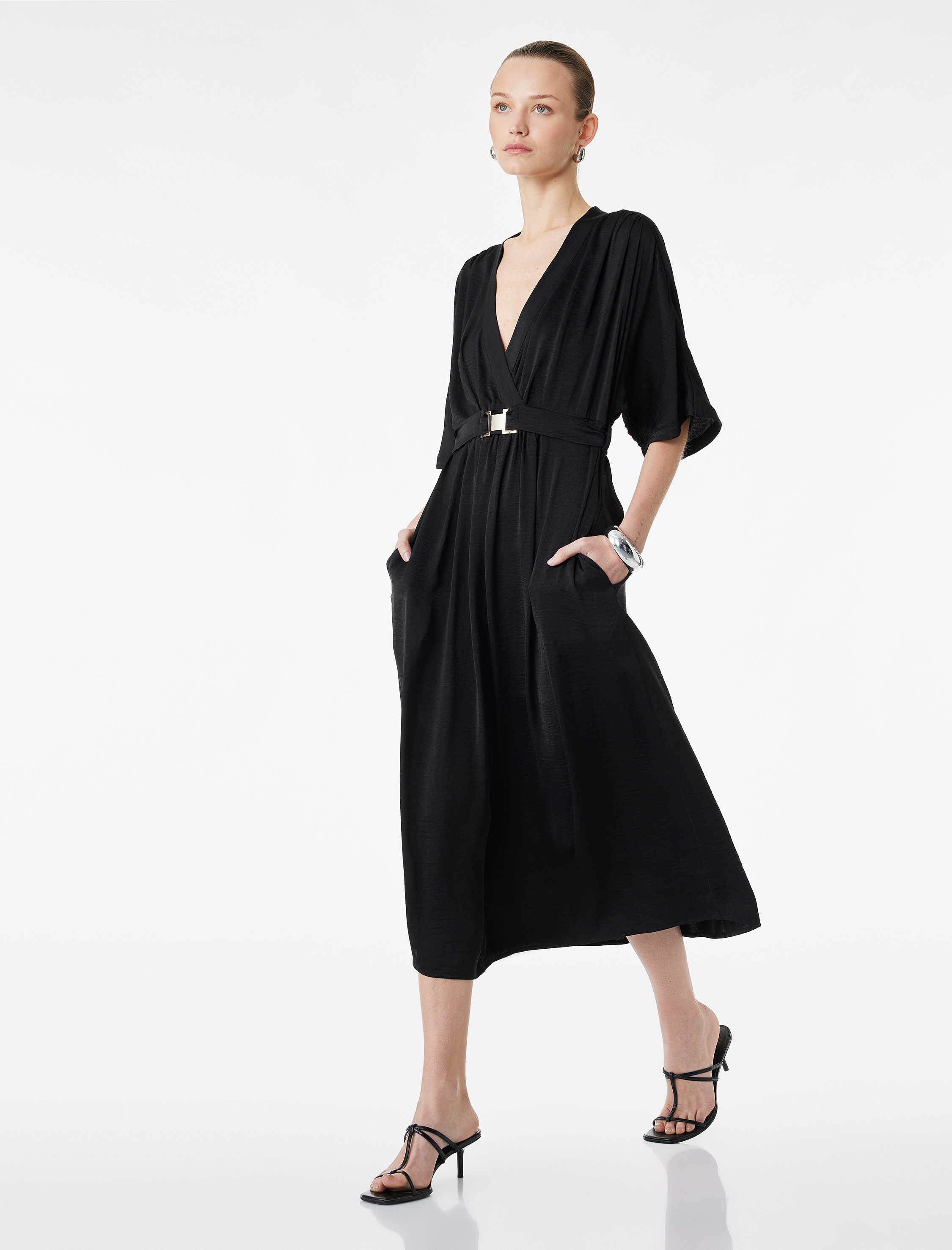 Aerobin Kumaş Kısa Yarasa Kollu Kemerli Kruvaze Midi Saten Elbise - Görsel 2