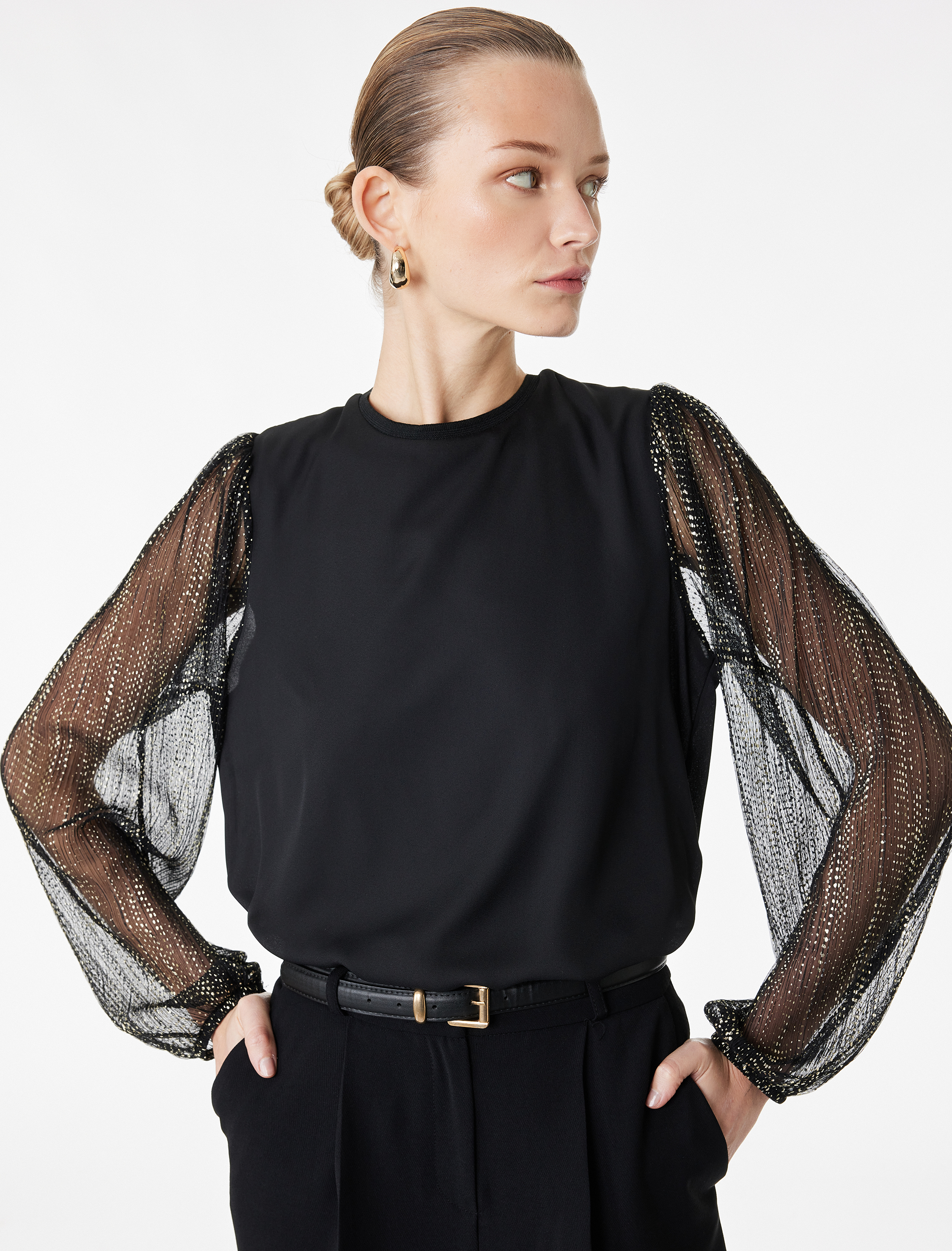   Uzun Kollu Bisiklet Yaka Taş Detaylı Bluz