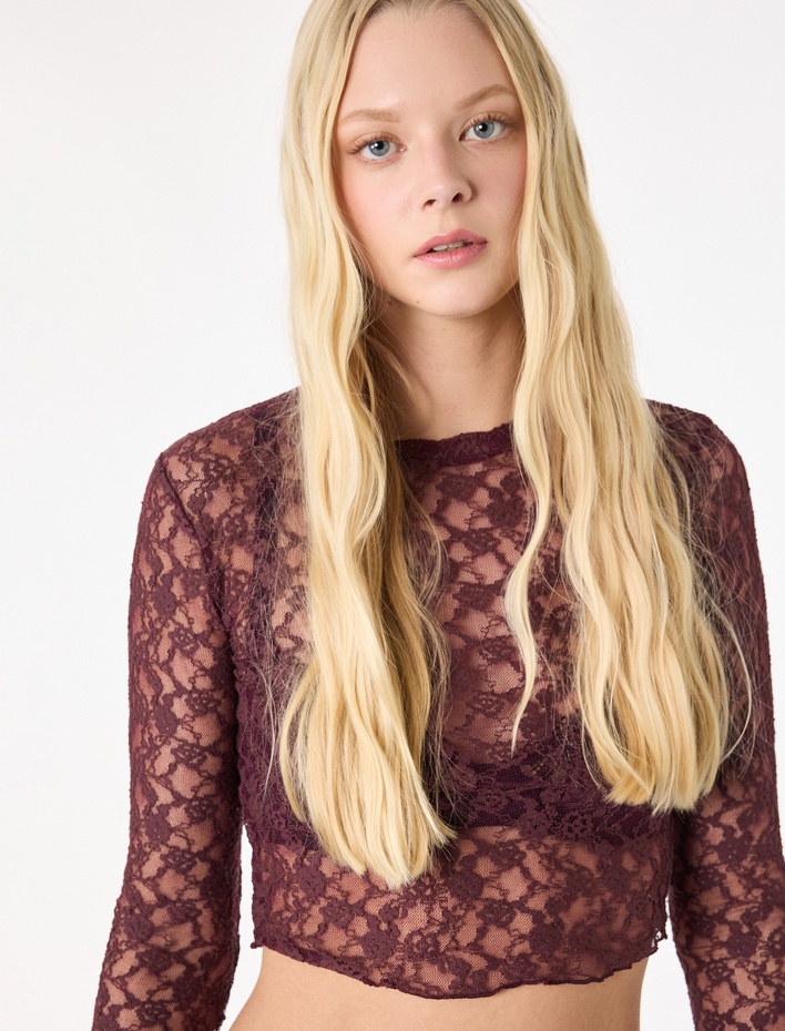  Uzun Kollu Bisiklet Yaka Slim Fit Dantel Bluz