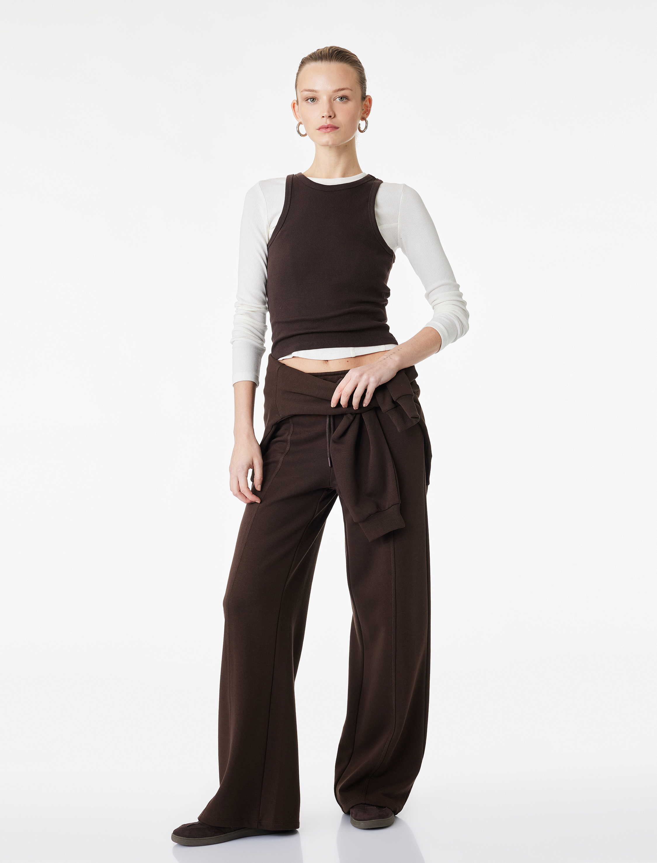   Beli Lastikli Bağlamalı Üç İplik Geniş Paça Nervürlü Eşofman Altı